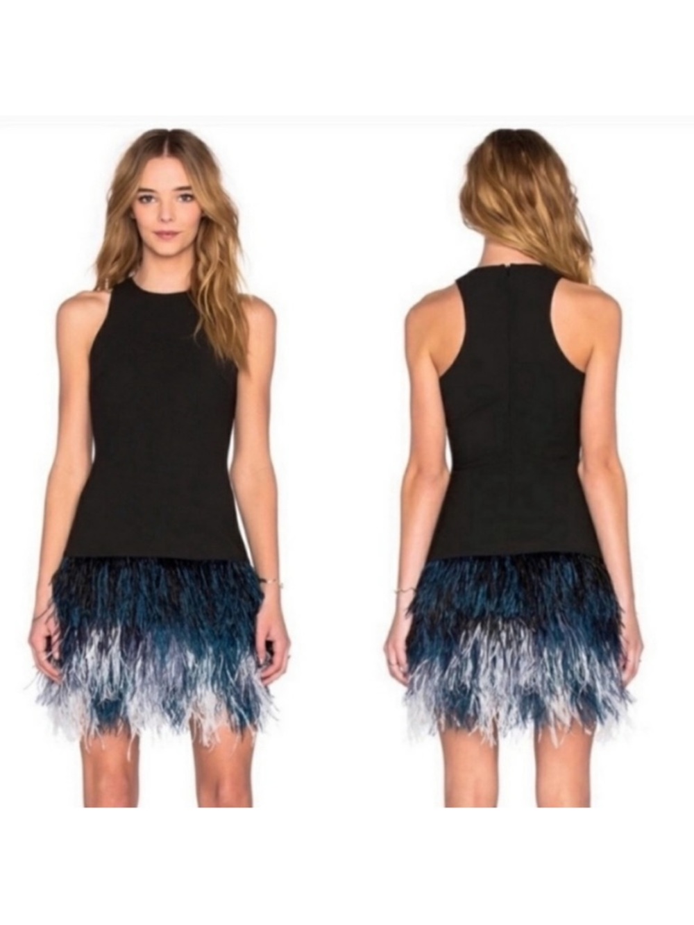 Elizabeth and James Black Top with Blue Ombre Feather Mini Skirt